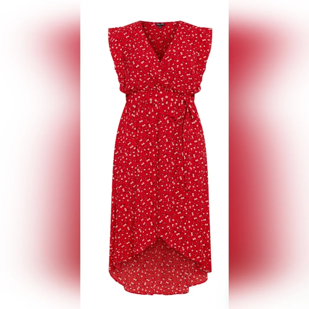 City Chic Floral Wrap Ruffle  High Low Belted Dress